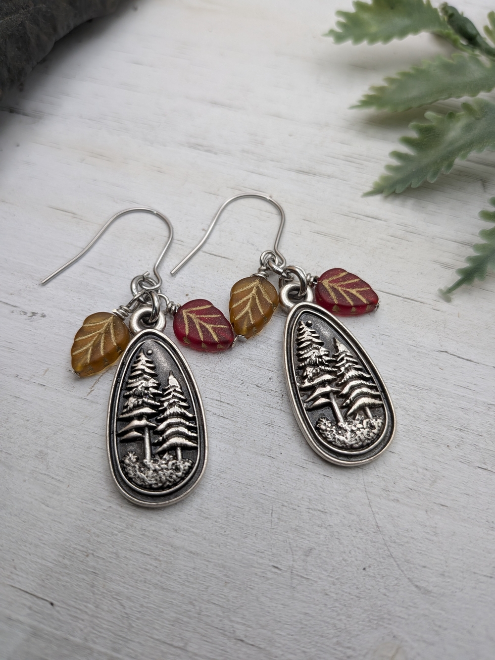 Forest Teardrop Earrings with Red and Amber Leaf Charms